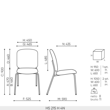 Dimensions de la chaise avec rembourrage Hens 215 H