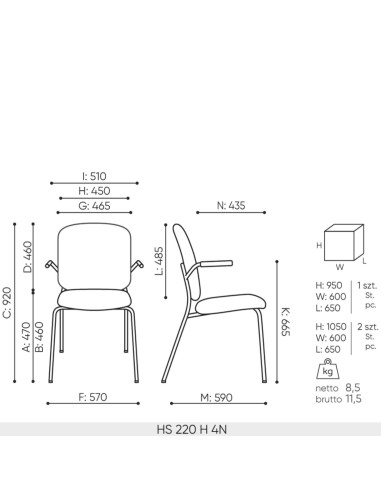 Dimensions de la chaise 220 haute rembourrée Hens