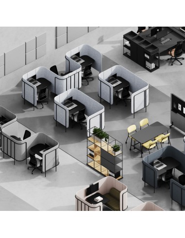 Vue en 3D d’un open space équipé de multiples configurations Leaf Pod, organisées en zones de travail flexibles. - Leaf Pod