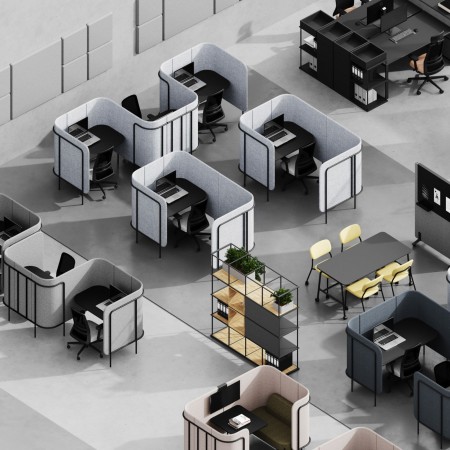 Vue en 3D d’un open space équipé de multiples configurations Leaf Pod, organisées en zones de travail flexibles. - Leaf Pod