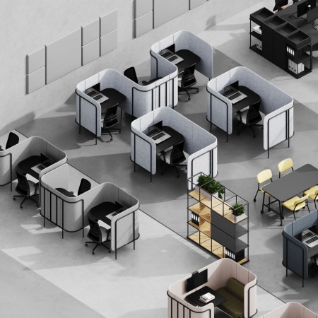 Vue 3D d’un open space comprenant plusieurs Leaf Pod organisés en pôles de travail semi-privés. - Leaf Pod