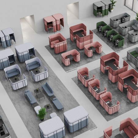 Plan d’un large open space avec une multitude de Leaf Pod colorés, disposés par zones fonctionnelles. - Leaf Pod
