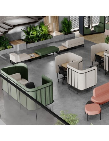Grand espace de travail paysagé intégrant différents modules Leaf Pod et assises modulaires. - Leaf Pod