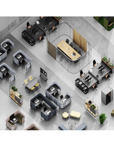 Vue aérienne d’un plateau de travail aménagé avec plusieurs Leaf Pod, optimisant la circulation et la modularité. - Leaf Pod