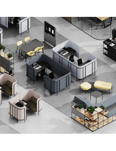 Espace coworking avec divers Leaf Pod organisés en cellules ouvertes et semi-ouvertes pour différentes activités. - Leaf Pod