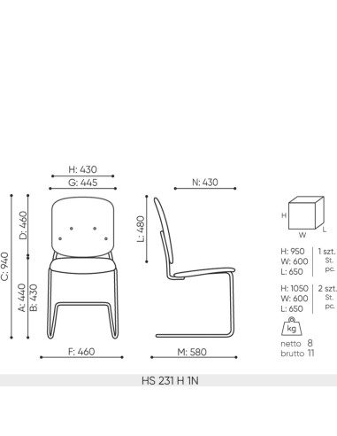 Dimensions Hens 231 H en bois