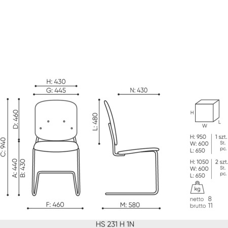 Dimensions Hens 231 H en bois