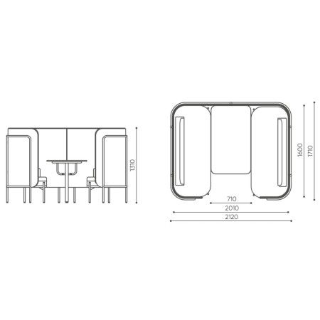 Dimensions détaillées d’une configuration Fora comprenant deux banquettes et une table centrale. - Fora