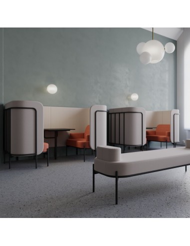 Ensemble de modules Fora répartis dans un aménagement collaboratif, montrant diverses configurations possibles. - Fora