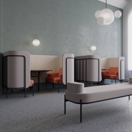 Ensemble de modules Fora répartis dans un aménagement collaboratif, montrant diverses configurations possibles. - Fora