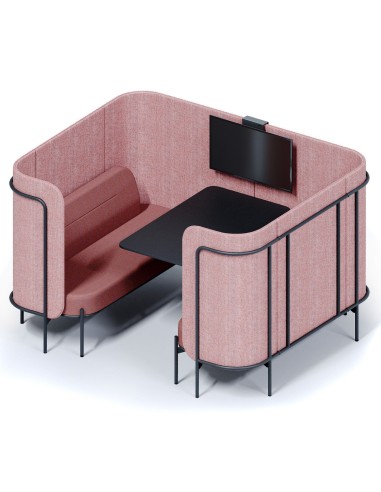 Banquettes acoustiques Fora en finition rose disposées en ligne dans un environnement moderne et végétalisé. - Fora