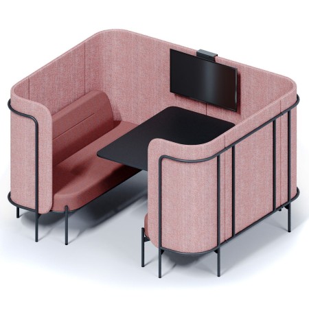 Banquettes acoustiques Fora en finition rose disposées en ligne dans un environnement moderne et végétalisé. - Fora