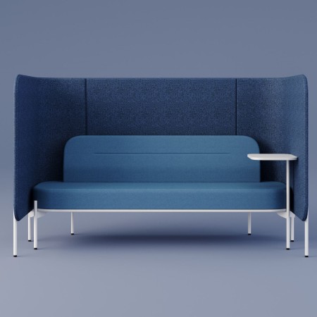 Banquette Fora bleu nuit avec dossier haut, conçue pour offrir intimité et confort dans les espaces ouverts. - Fora