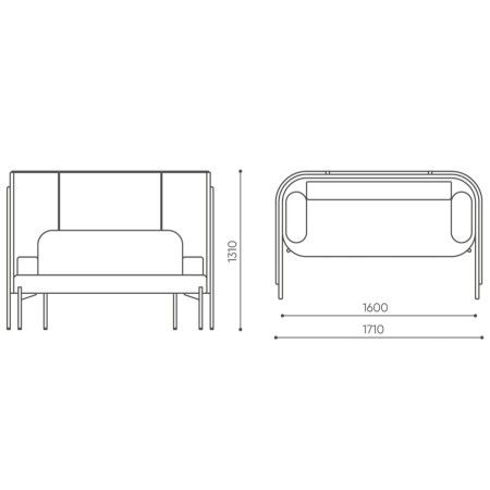 Dimensions détaillées d’un module Fora individuel avec dossier haut et accoudoirs arrondis. - Fora