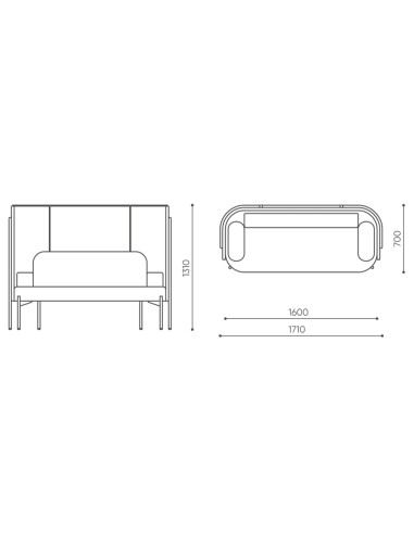Dimensions d’un module Fora double avec assises séparées et dossier commun, en vue technique. - Fora