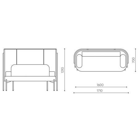 Dimensions d’un module Fora double avec assises séparées et dossier commun, en vue technique. - Fora