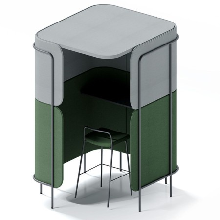 Module Leaf Pod compact gris et vert, conçu comme espace individuel semi-fermé avec parois arrondies. - Leaf Pod