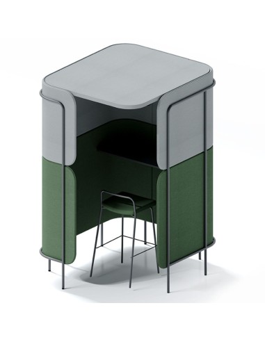 Module Leaf Pod compact gris et vert, conçu comme espace individuel semi-fermé avec parois arrondies. - Leaf Pod