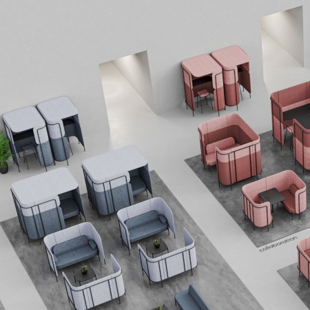 Module Leaf Pod compact gris et vert, conçu comme espace individuel semi-fermé avec parois arrondies. - Leaf Pod 2