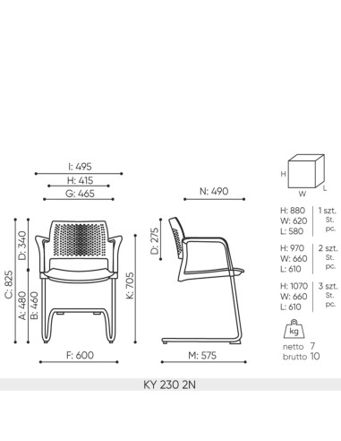 Dimensions techniques chaise KY 230 2N – dossier plastique et assise rembourrée