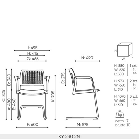 Dimensions techniques chaise KY 230 2N – dossier plastique et assise rembourrée
