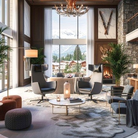 Fauteuil pivotant Umm en tissu dans hall d'accueil d'hôtel au Valais avec vue sur les montagnes.