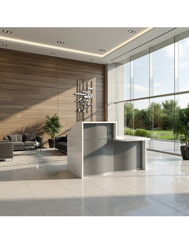 Meuble de réception, façade grise dans espace d'accueil lumineux