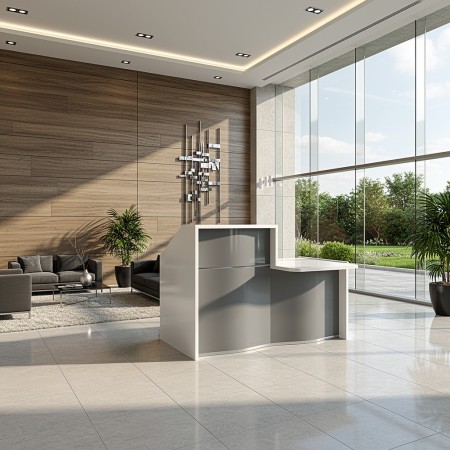 Meuble de réception, façade grise dans espace d'accueil lumineux