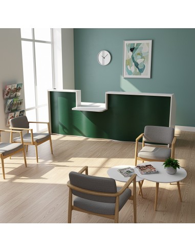 Meuble de réception avec façade verte dans espace d'accueil d'un cabinet médical