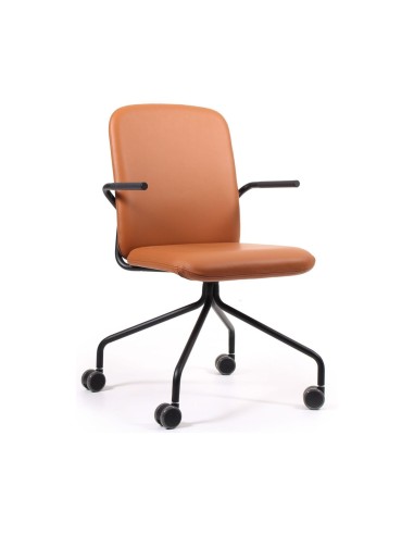 Chaise de réunion Hens HS 4K1 H en cuir cognac sur roulettes accoudoirs