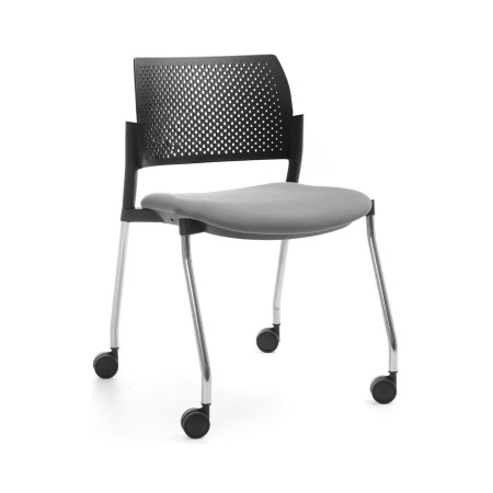 chaise de formation mobile avec assise capitonnée grise et dossier plastique perforé