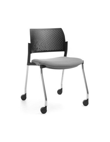 chaise de formation mobile avec assise capitonnée grise et dossier plastique perforé
