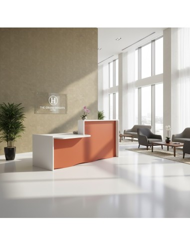 Espace d'accueil avec meuble de réception, fauteuil et table basse