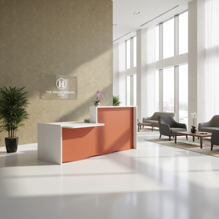 Espace d'accueil avec meuble de réception, fauteuil et table basse