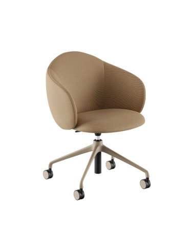 Chaise Volta pivotante avec dossier arrondi et assise tapissée beige, montée sur un piètement noir à cinq branches avec roulette