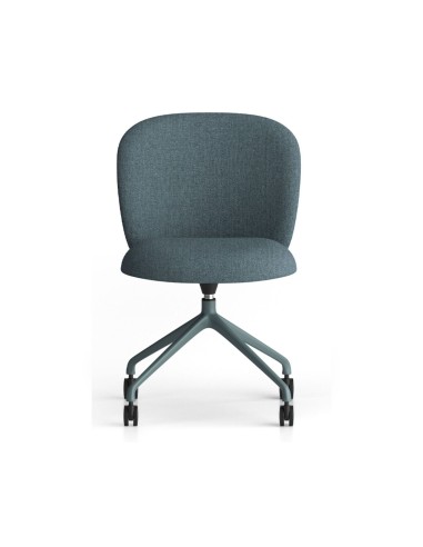 Chaise Volta bleu-gris, piètement métallique sur roulettes et assise capitonnée, vue de face – Volta