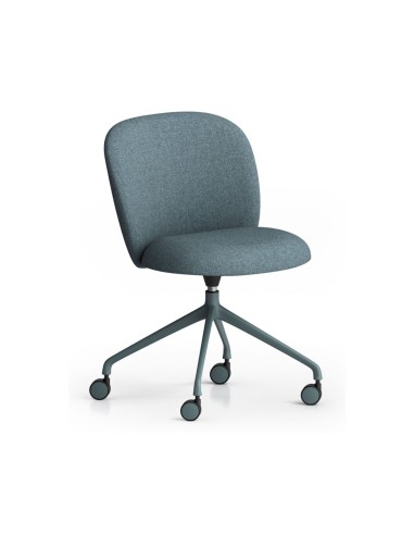Chaise Volta de bureau avec roulettes, revêtement bleu-gris et base pivotante, vue oblique – Volta