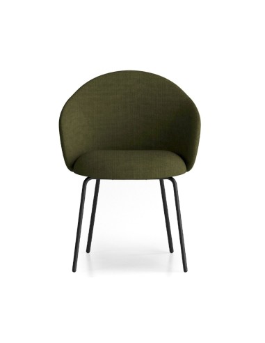 Chaise tapissée vert foncé avec piètement métallique noir, vue de face - Volta
