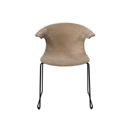 Chaise en tissu taupe avec accoudoirs ouverts et piètement traîneau, idéale pour salle d’attente
