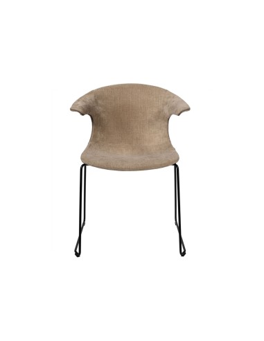 Chaise en tissu taupe avec accoudoirs ouverts et piètement traîneau, idéale pour salle d’attente