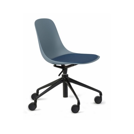 Chaise de bureau à roulettes bleu-gris avec coque plastique et assise tissu bleu, réglable pour poste de travail
