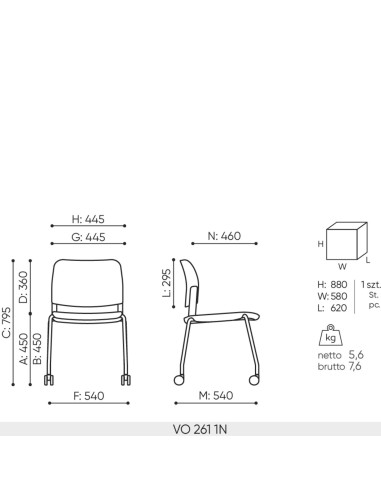Schéma technique chaise de formation Volo avec dimensions et piètement à roulettes