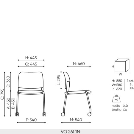 Schéma technique chaise de formation Volo avec dimensions et piètement à roulettes